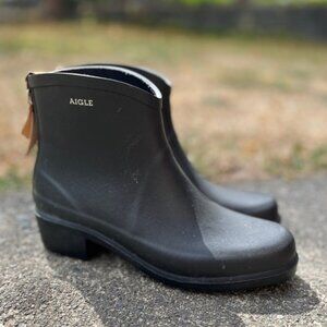 Aigle Juliette Bottillo Leather Tassle Cowgirl Black Rain Boots Sz 40/ 9.5-10 US